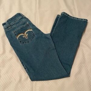 Drama Gold vintage low rise boot cut jeans w/fleur de lis pocket design Sz. 9/10